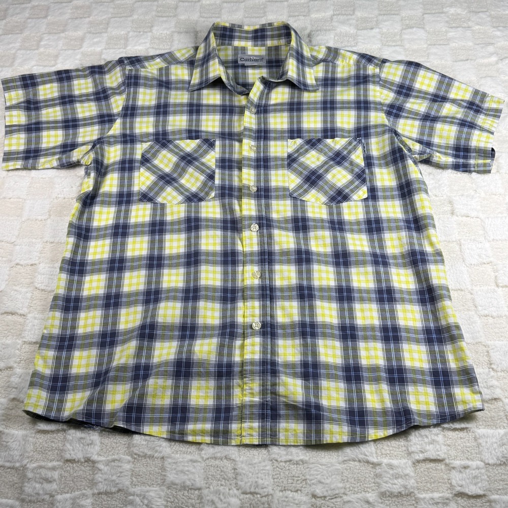 Carhartt Men's Short Sleeve Yellow and Gray‎ Button Up Shirt Size Large